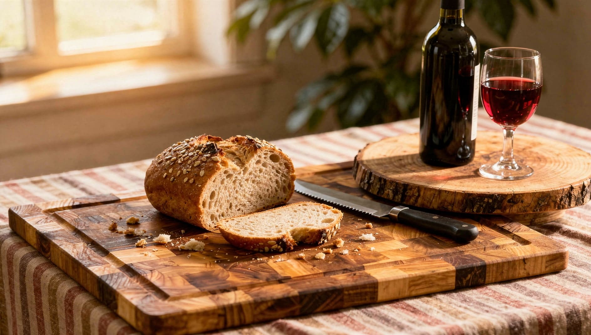 Teak cutting board with bread in warm natural light